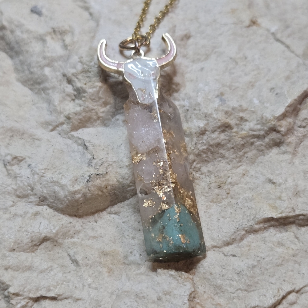 Rose Quartz & Turquoise Resin Cylinder Pendant Necklace | Gold Foil Accent | 20” - Picture 6 of 10